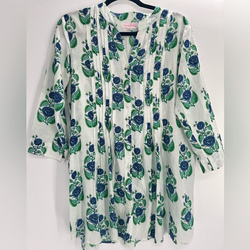Mary Marshmallow Tunic Dress Green Blue Floral Button Down 100% Cotton Size XS